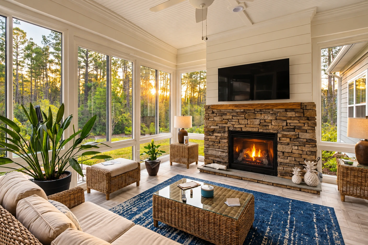 Bright four-season sunroom with tall windows overlooking trees, a stone fireplace, wicker furniture and a blue rug.