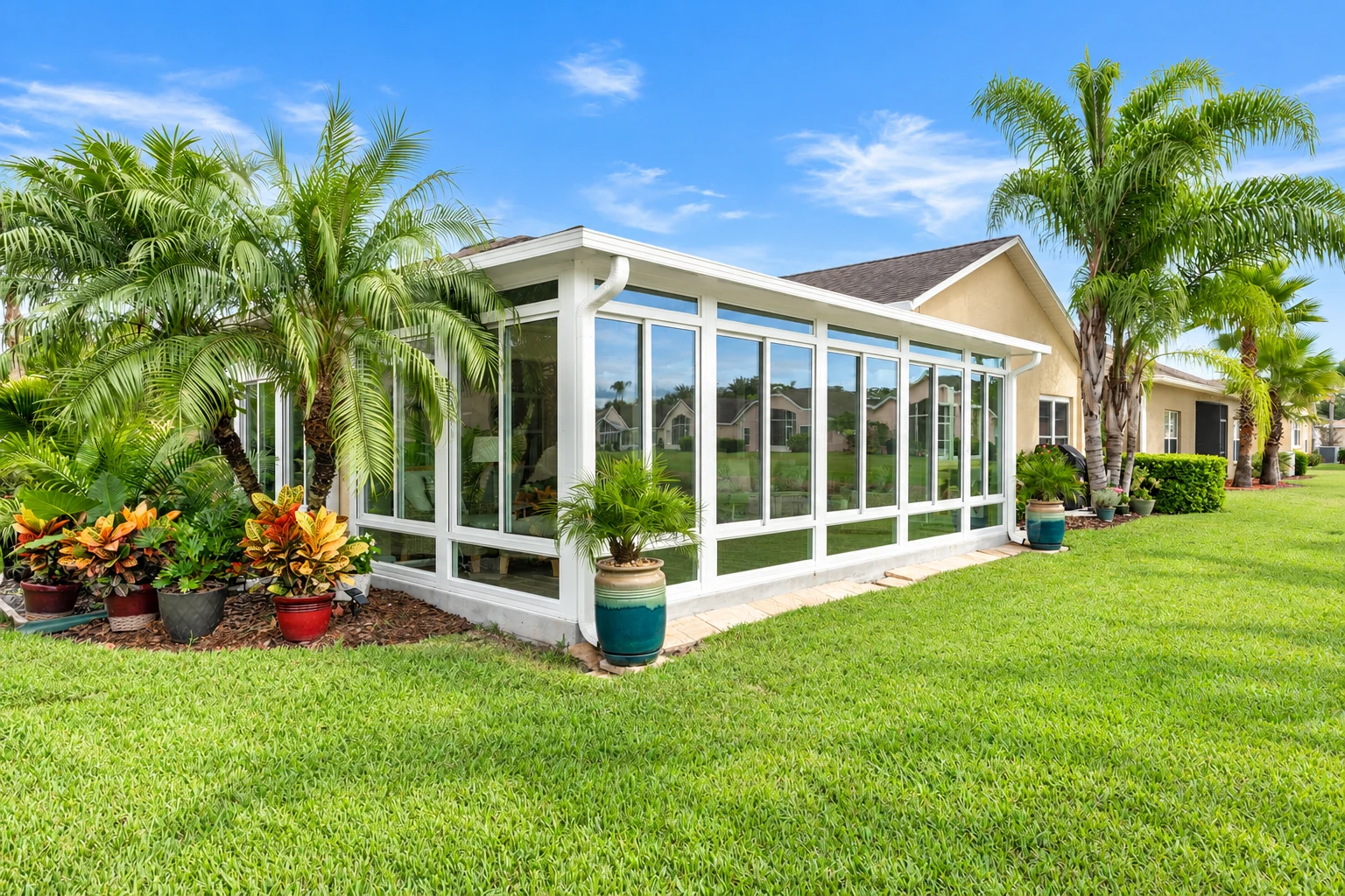 White-framed custom sunroom addition with large windows on a landscaped house, bordered by palms and lawn.
