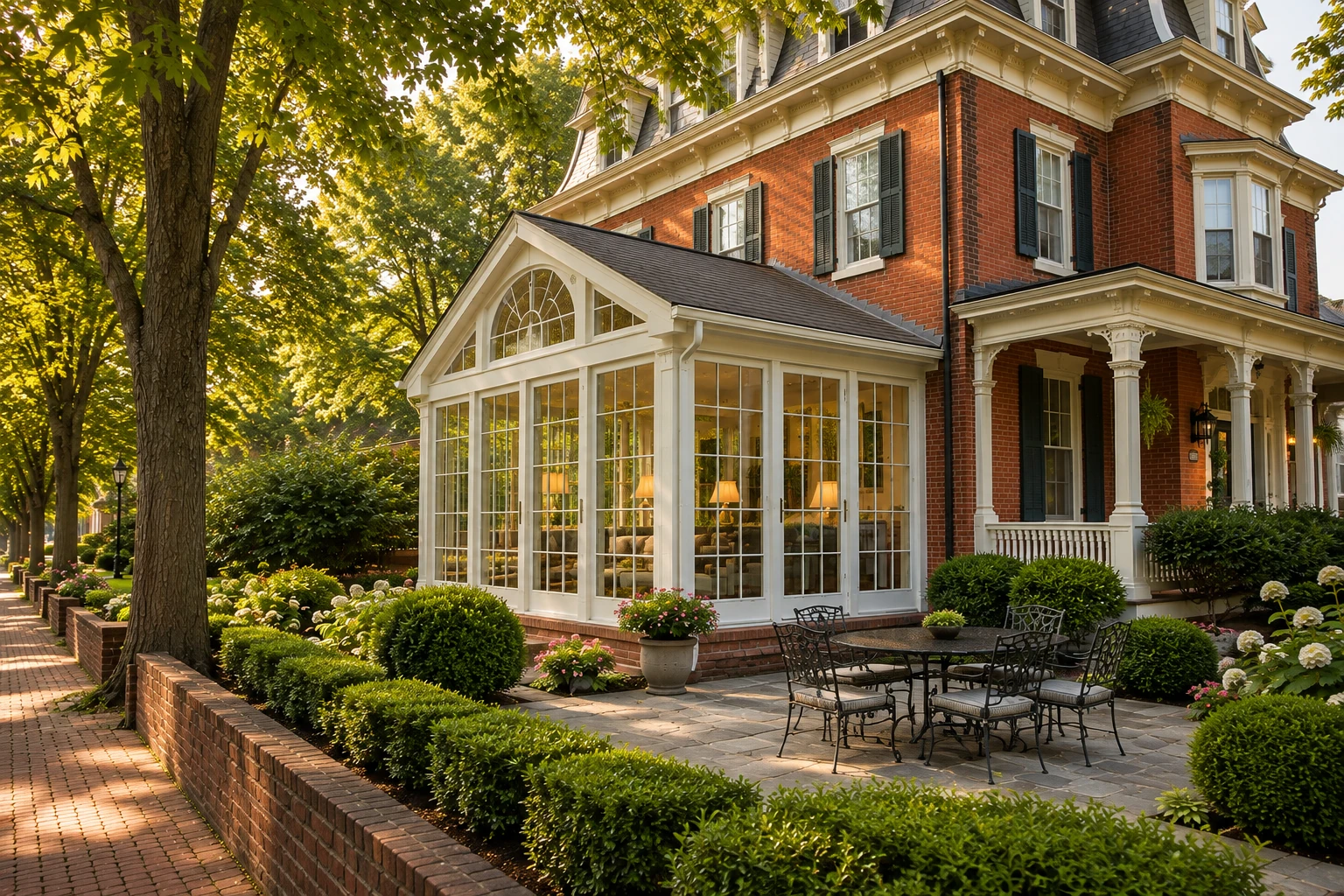 White-framed glass sunroom attached to a red brick house, with a peaked roof, garden beds, and an outdoor dining set.
