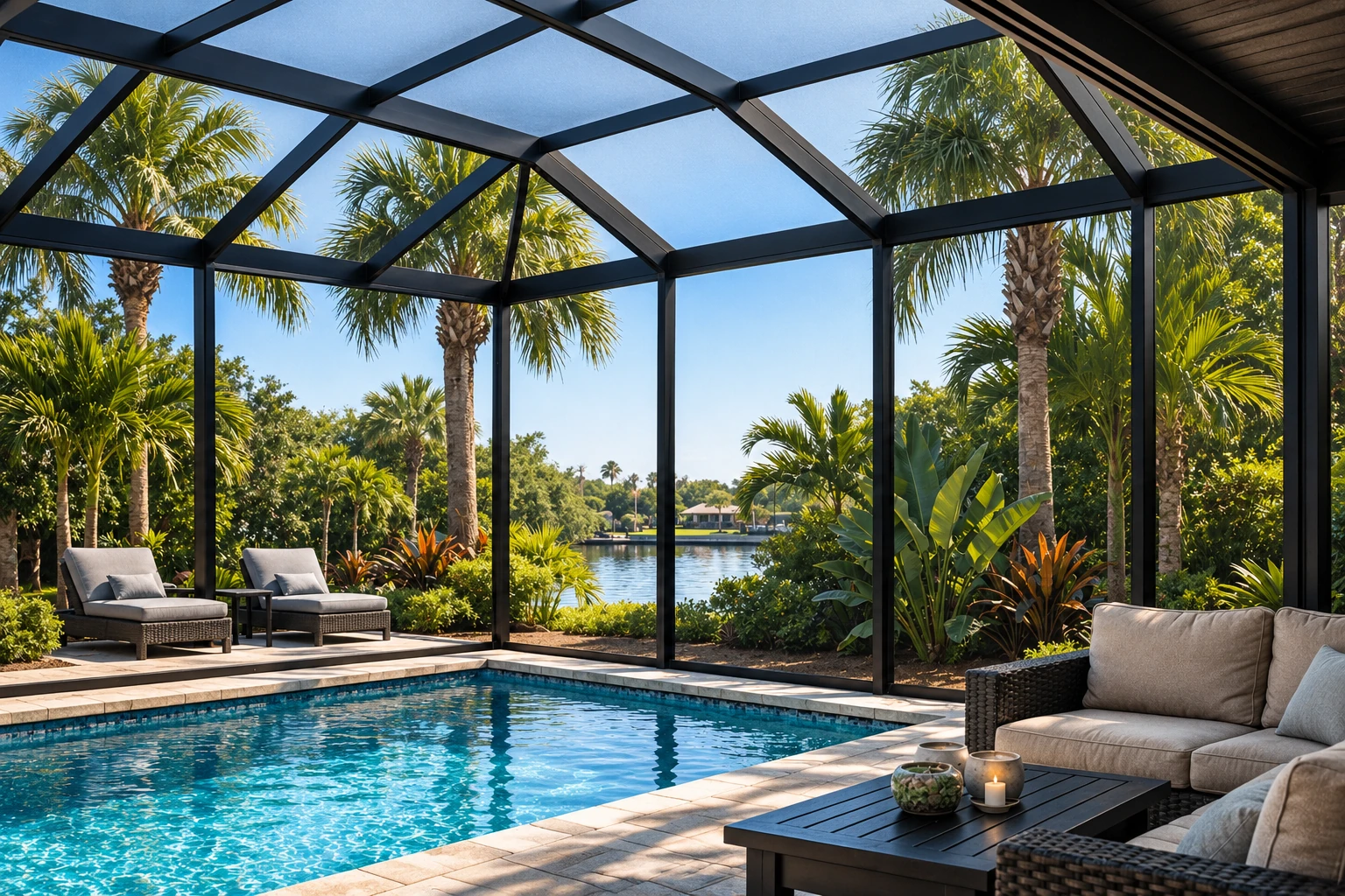 Enclosed patio with a dark-framed screen roof, pool, cushioned seating and palm trees beyond.