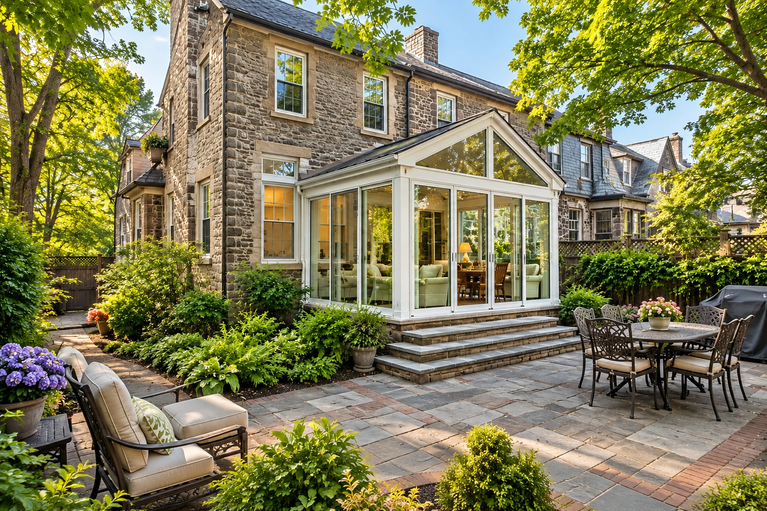 Four-season sunroom with a white-framed glass gable attached to a stone house, opening onto a leafy patio.