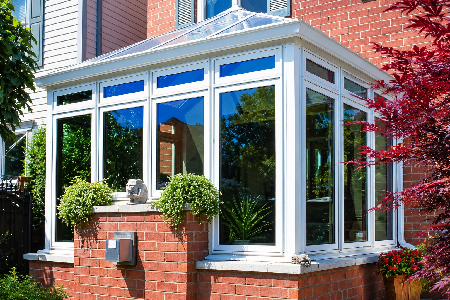 White-framed sunroom with a sloped glass roof extends from a red brick house, surrounded by leafy plants.