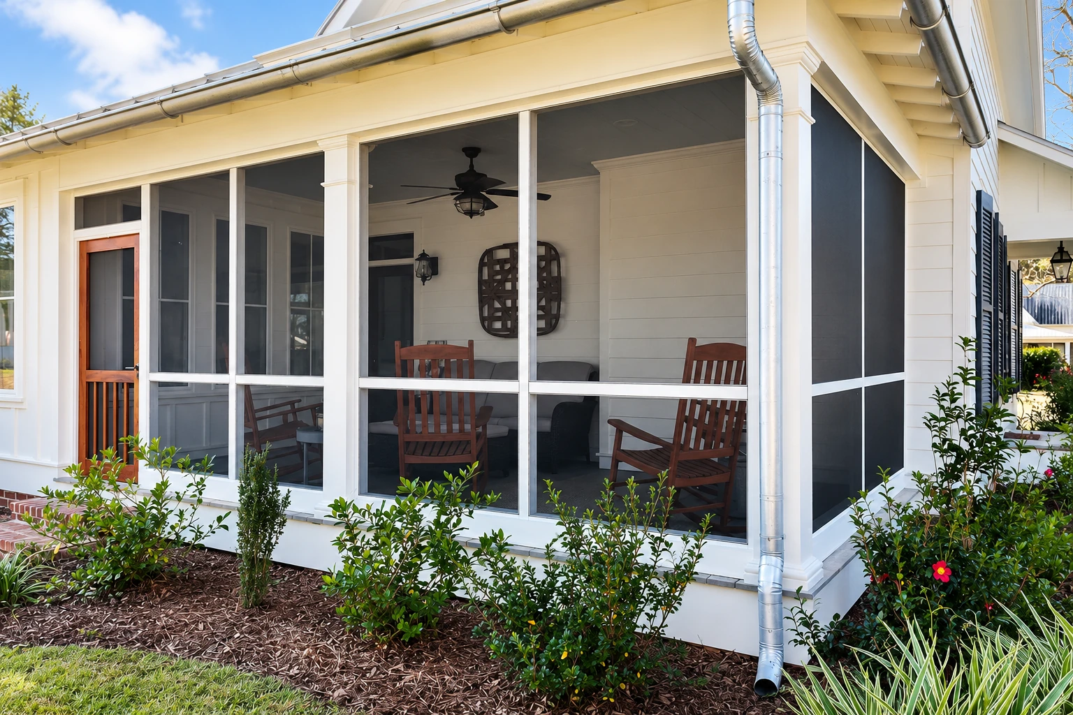 Screened patio enclosure with white framing, dark mesh panels, wooden chairs and garden shrubs.
