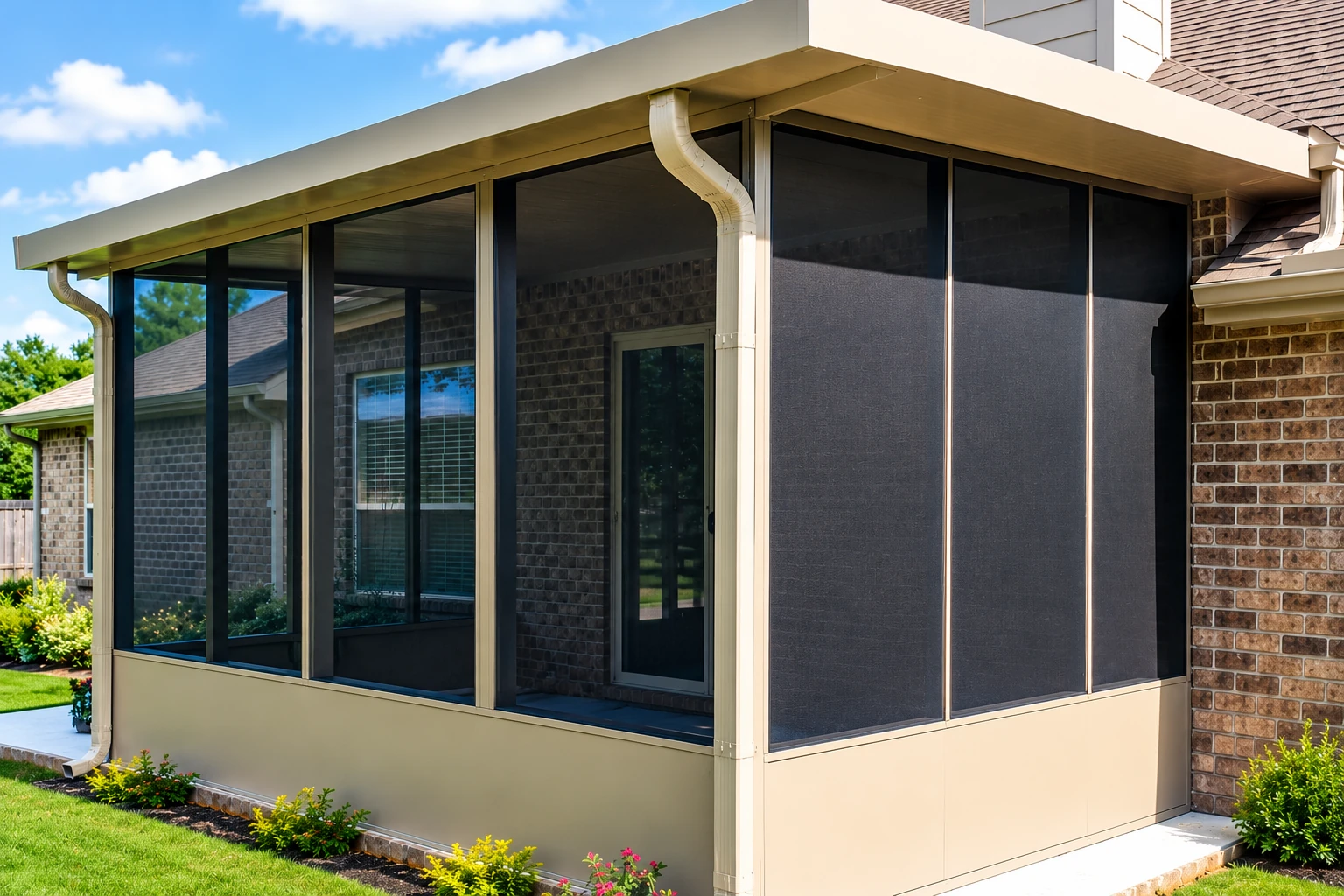 Enclosed patio room with dark mesh panels and pale framing attached to a brick house beneath a sloped roof.