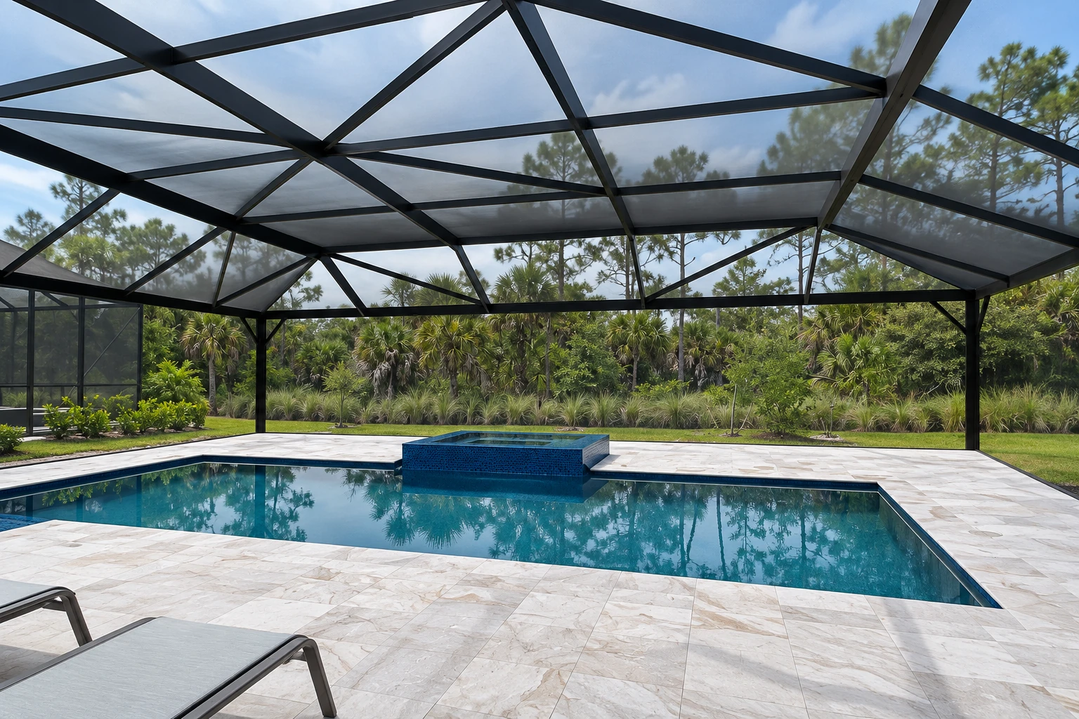 Screened pool enclosure with a dark metal frame and mesh roof, surrounded by trees and a pale stone deck.