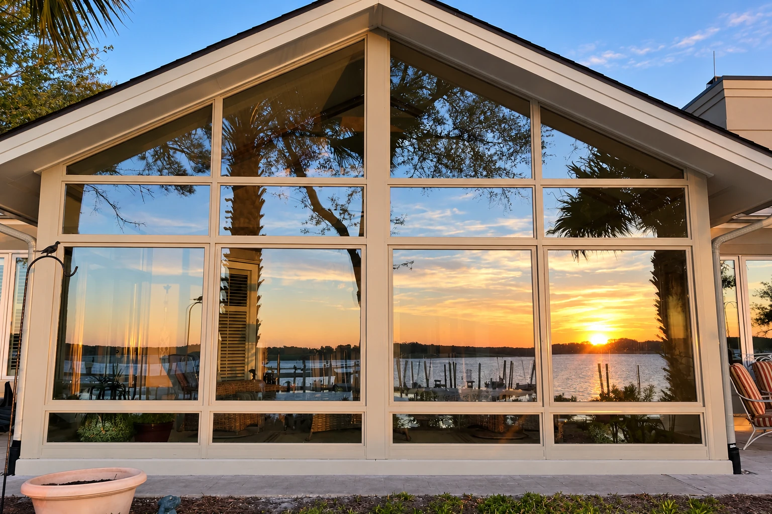 Solarium with a white gabled frame and broad windows reflecting a sunset over the water.