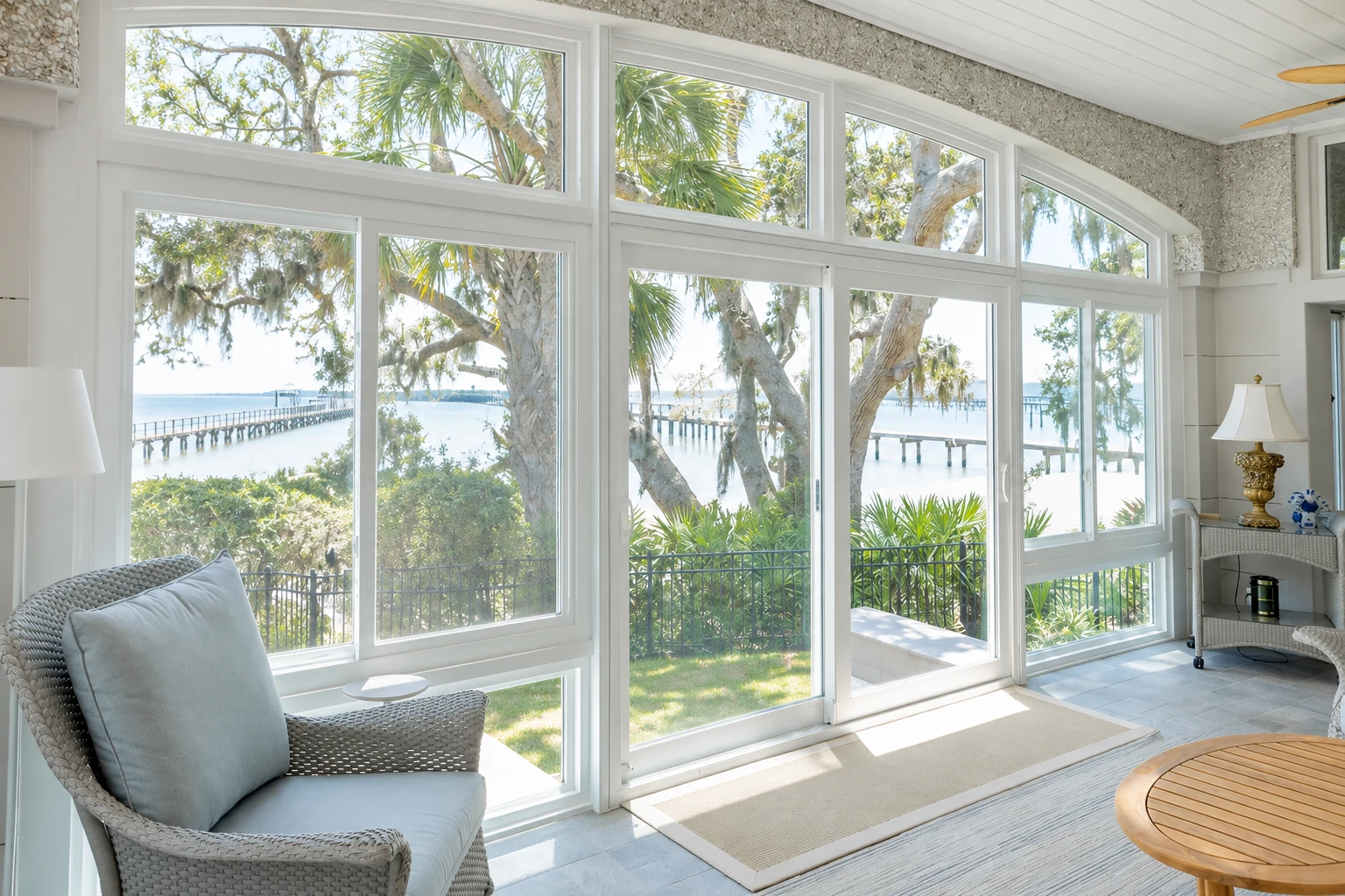Bright sunroom interior with white-framed floor-to-ceiling windows overlooking a waterfront, furnished with a wicker chair and small table.