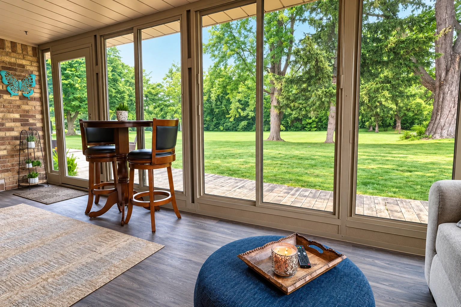 Sunroom with tall windows overlooking a green lawn, furnished with a small dining table and lounge seating.