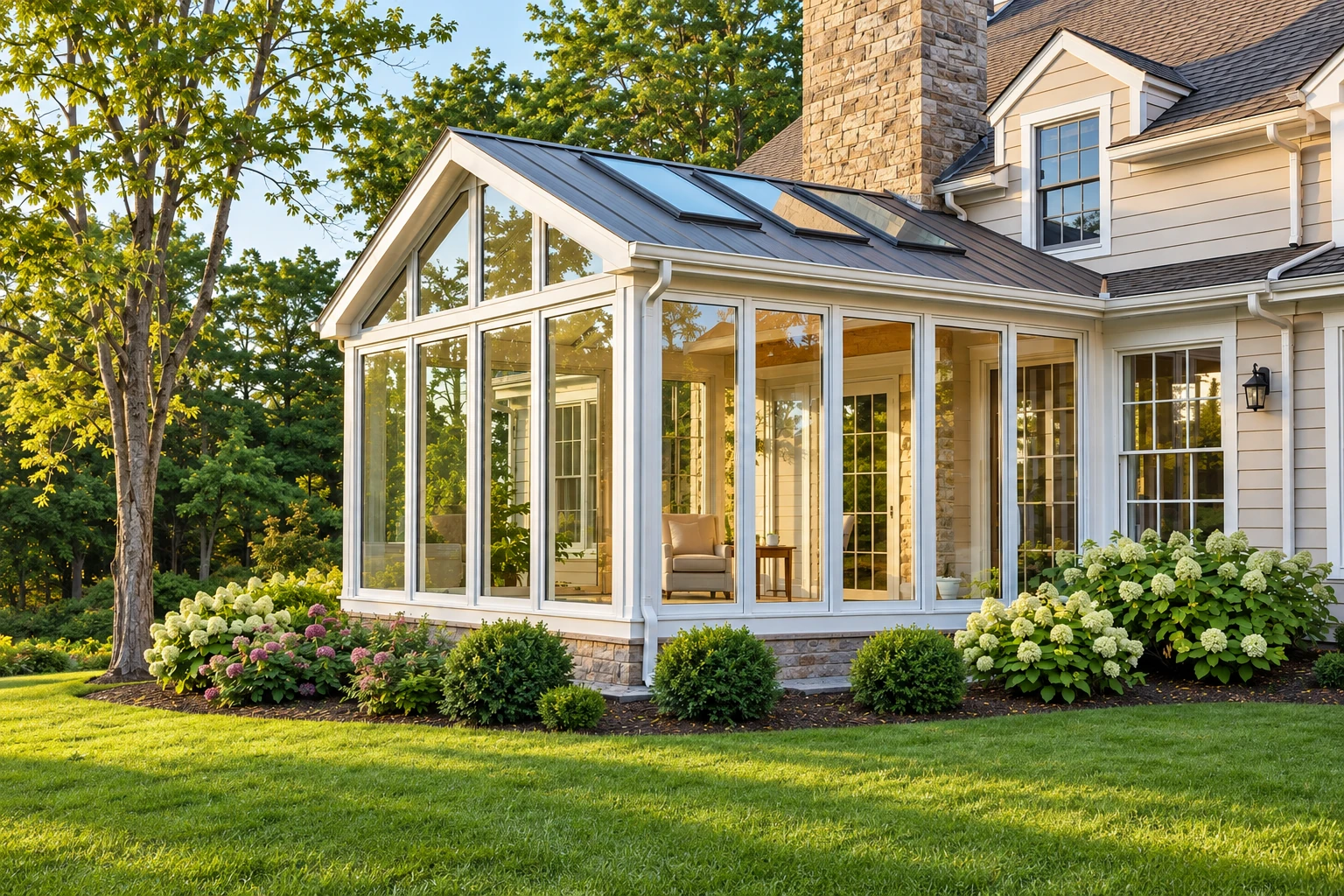Custom sunroom addition with a gabled glass roof and white-framed windows attached to a house amid garden beds.