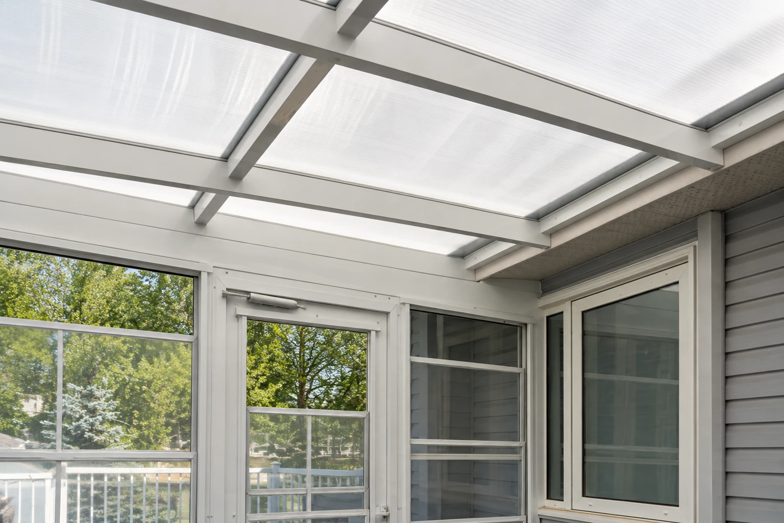 Three-season sunroom with a translucent paneled roof, screened windows and white framing.