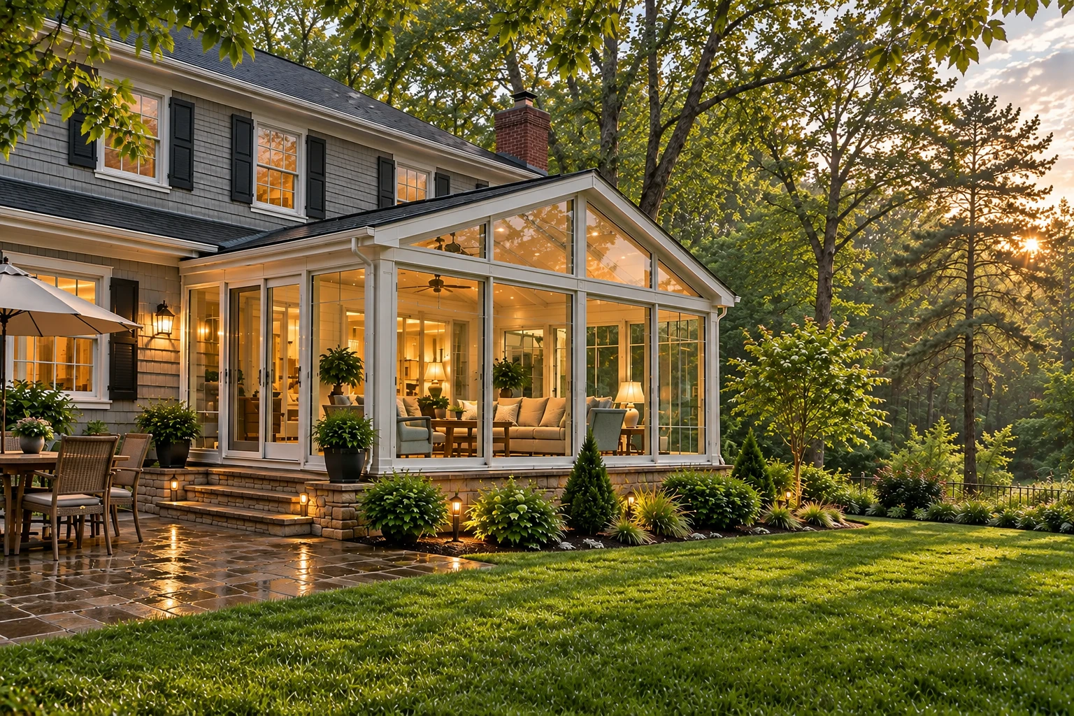 White-framed glass sunroom addition glows at sunset beside a gray two-story house, with stone steps and a landscaped lawn.